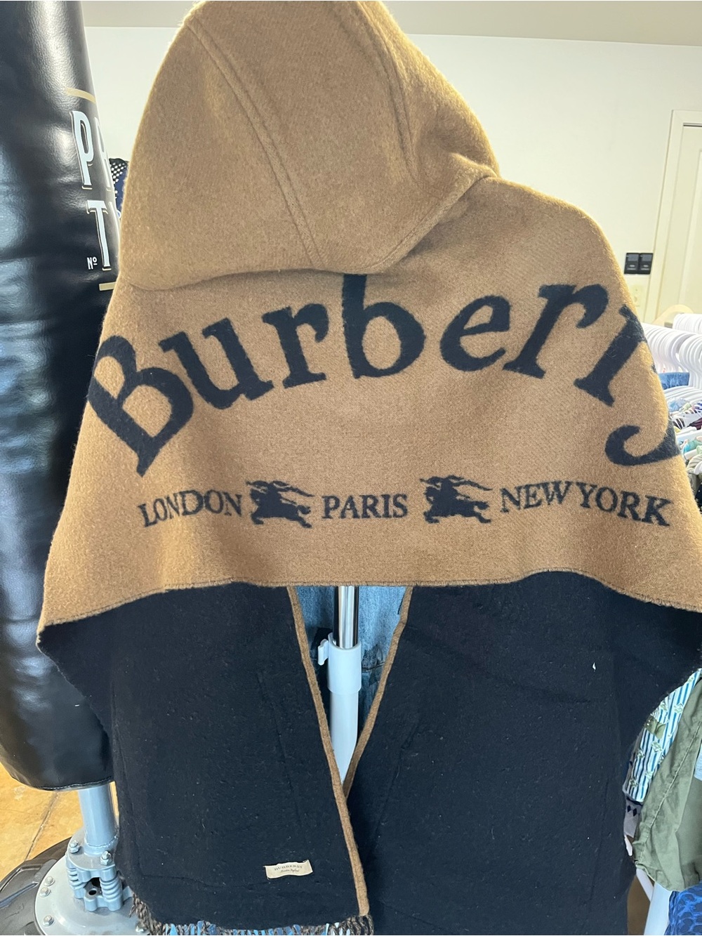 Burberry Wool Cashmere Camel and Black Hooded Logo Shawl - Picture 2 of 4